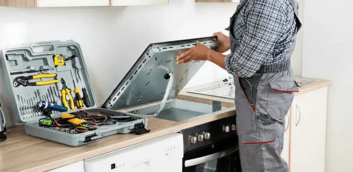 Handyman repairing a cooktop and checking wiring connections in Tuscaloosa, AL