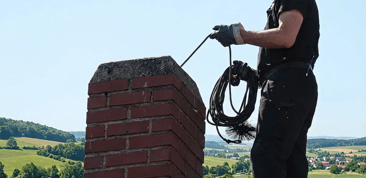 Chimney sweep inspecting and cleaning a rooftop chimney in Tuscaloosa, AL